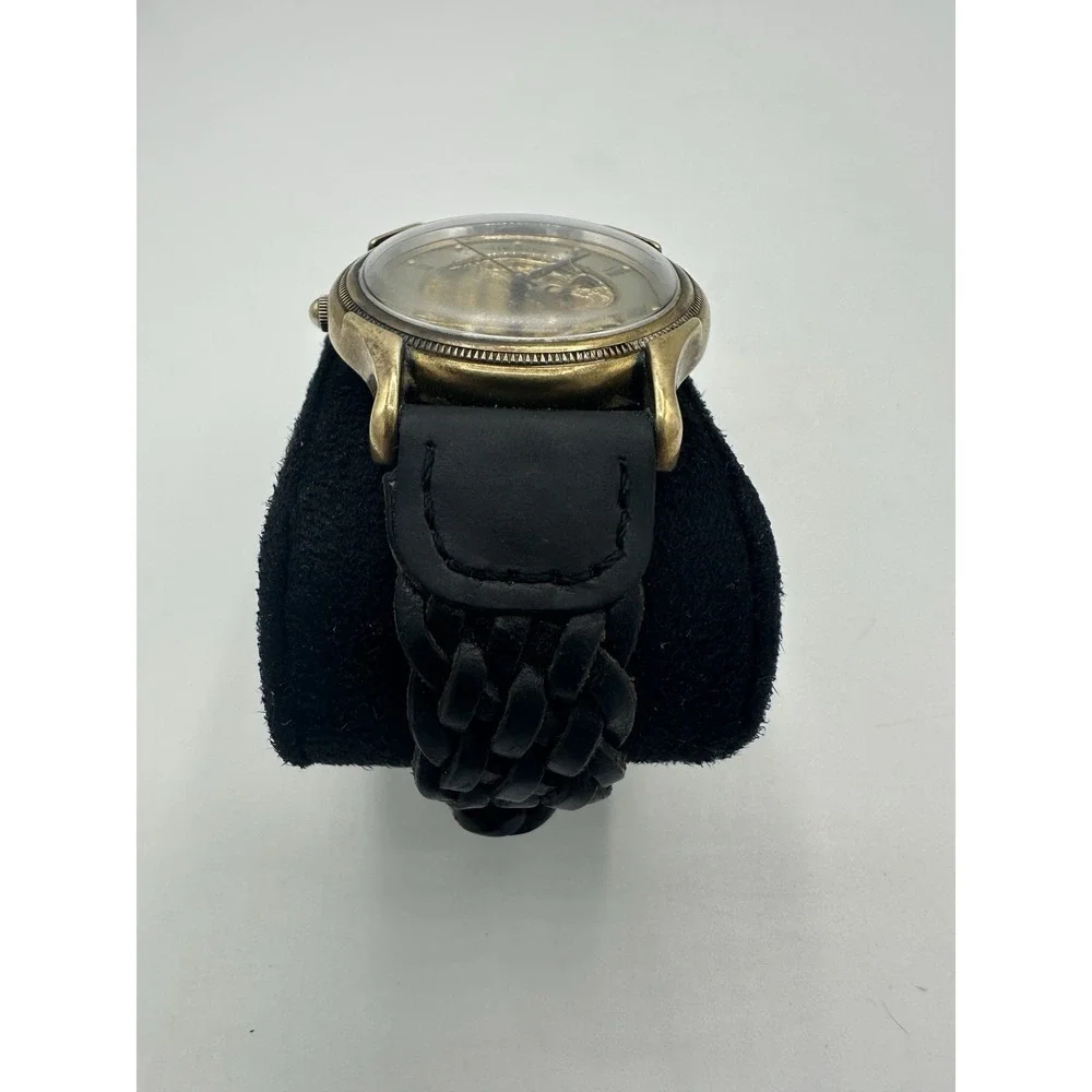 Vintage Fossil SK-5120 Mens Skeleton Style Quartz Watch Gold Tone Leather